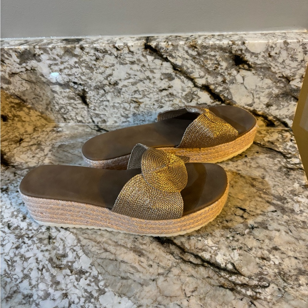 Gold platform sandals, 9.5